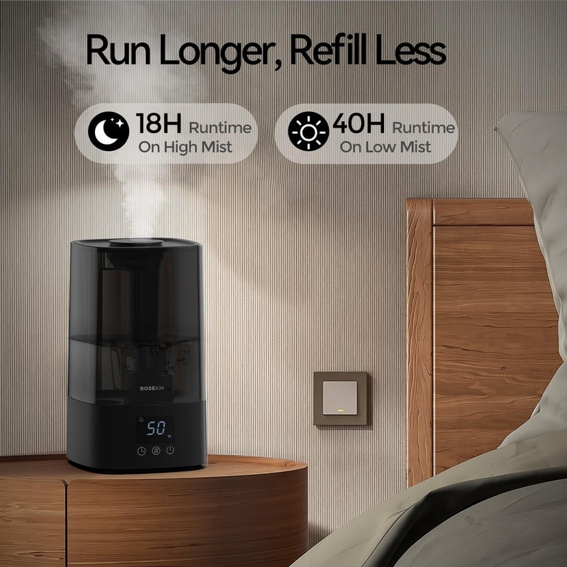 Rosekm Automatic Humidifiers for Bedroom Large Room, 4.5L Cool Mist Humidifier for Home & Plant with Timer & Humidity Sensor, Last Up to 18H on High Setting, Auto Shut-Off, 360° Nozzle (Black) - Image 3